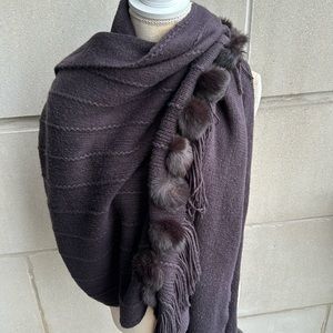 Pashmina Rabbit Trim Fur Shawl, Large Wrap Outerwear in Chocolate Brown Fringe